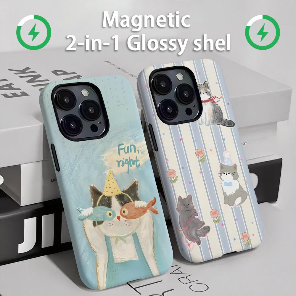 Apple Iphone 16 - かわいい猫と犬のスマホケース マグネット式 2-in-1 光沢シェル iPhone 16e